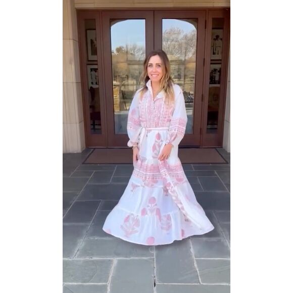 NWT Sur La Vague Blush Katherine Hand Stamped Maxi Dress in White & Pink Size S - Picture 5 of 15